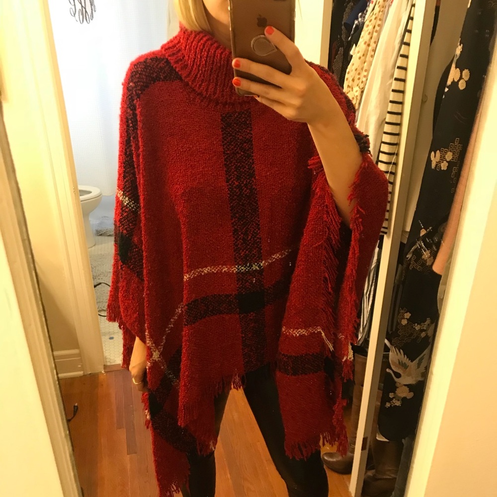 Plaid Fringe Bottom Sweater Poncho